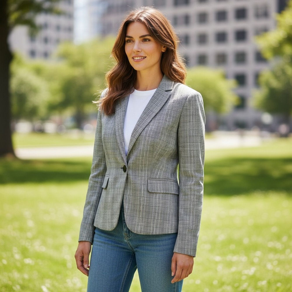 Premise Studio Womens Grey Glen Plaid Collarless Single Button Blazer Size 6
